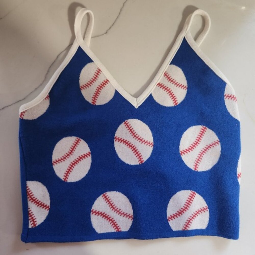 Debut Baseball Print Knit Crop Tank Top Women's ML Blue White Red Strappy - Picture 3 of 7